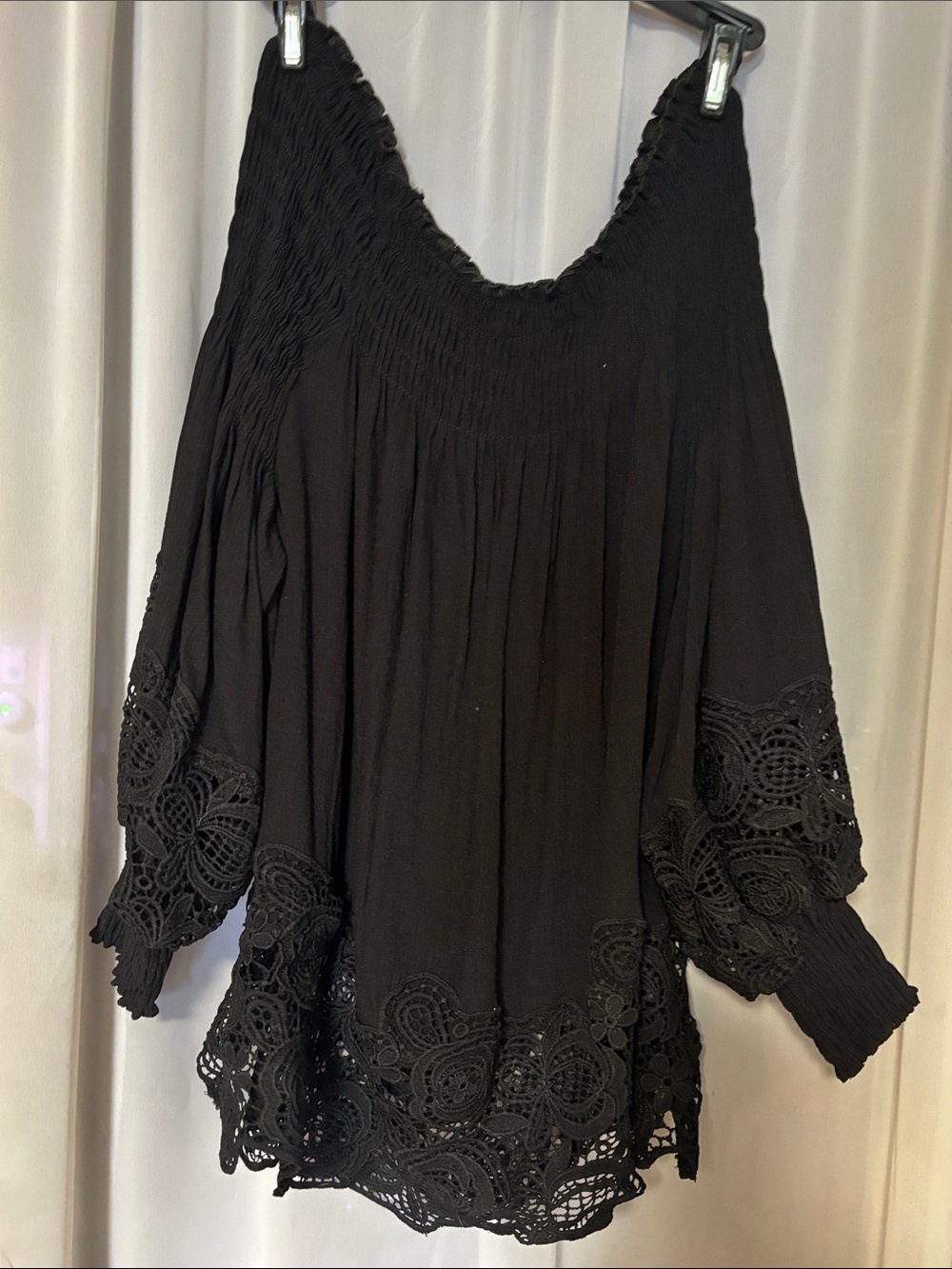 Pretty Angel Black Off-Shoulder Crochet-Hem Tunic